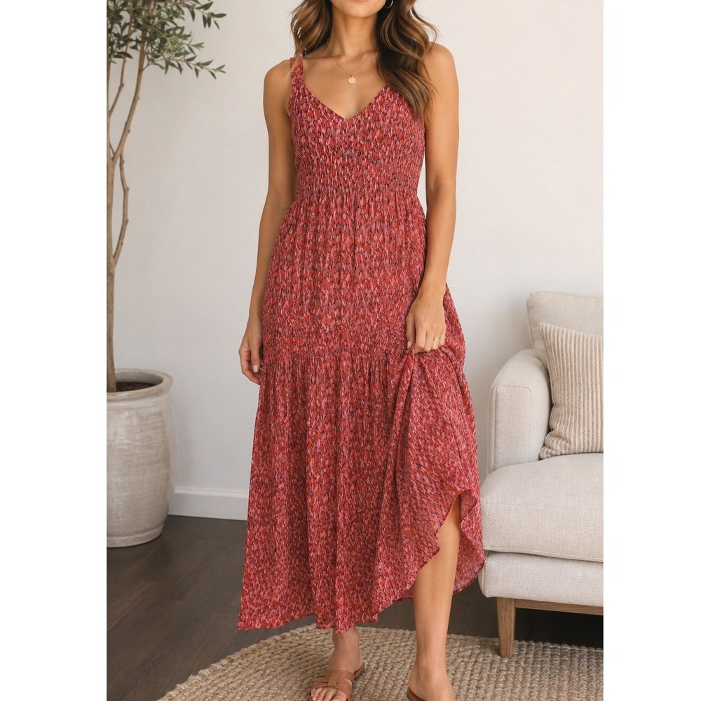 Joie Red Pink Abstract Print V-Neck Tiered Maxi Dress‎ Sleeveless XS